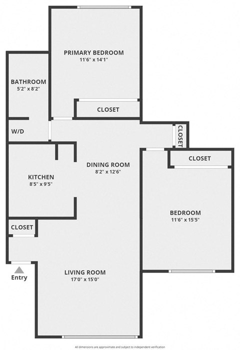 Floor plan for 2 beds, 1 bath, 850 sqft